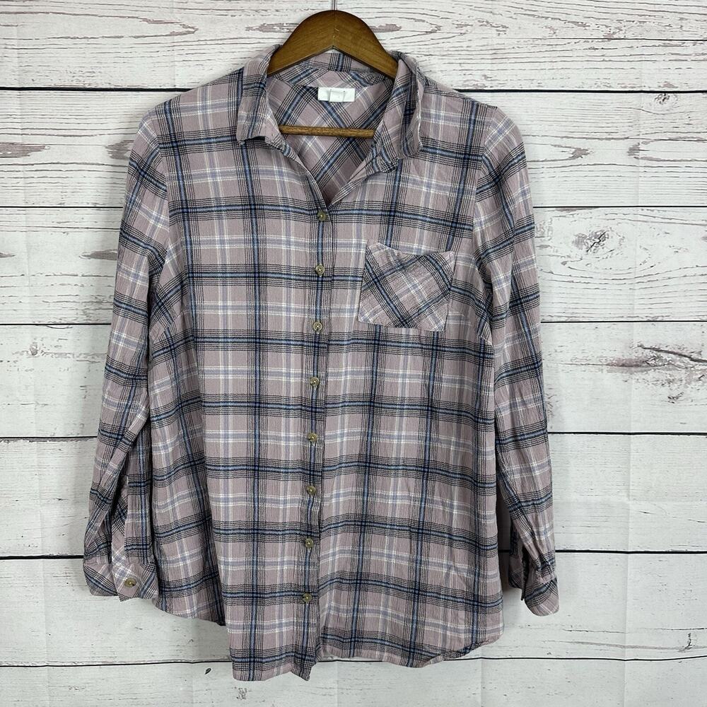 J Jill Shirt Womens Large Pink Plaid Button Textured Breathable Relaxed Casual